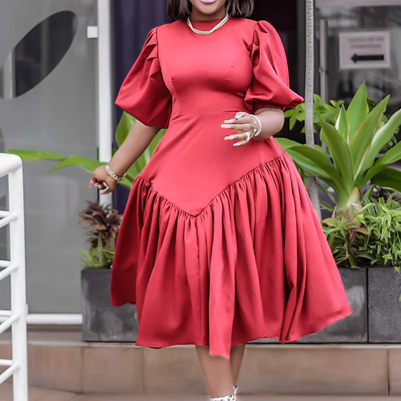 Plus Size Women's Clothing Pleated Solid Color Fashion Half Puff Sleeve Summer Round Neck High Waist Elegant Mid-calf Dress
