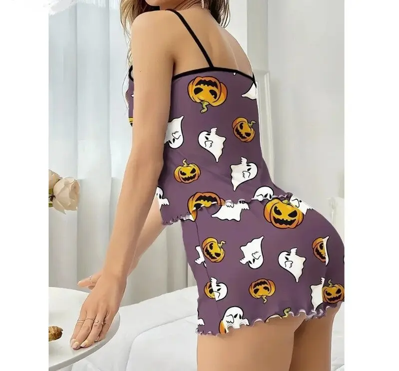 Halloween Pumpkin Print Pajama Set Womens Cute Ribbed Cami Crop Top and Shorts Two Piece Sleepwear Lettuce Hem Y2K Loungewear