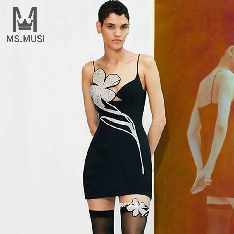 

MSMUSI 2022 New Fashion Women Sexy Black Strap Floral Crystal Hollow Out Sleeveless Backless Party Club Bodycon Event Mini Dress