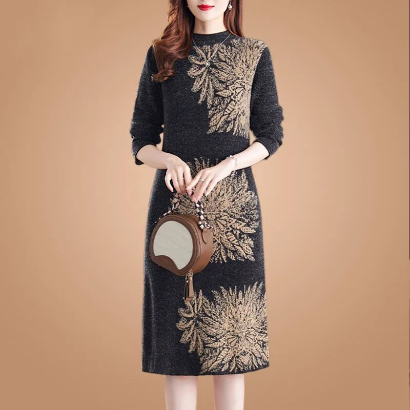 

Women Oversize False Mink Velvet Knit Dress 2023 Autumn New Fashion Elegant Half High Collar Female Bottom Sweater Dresses