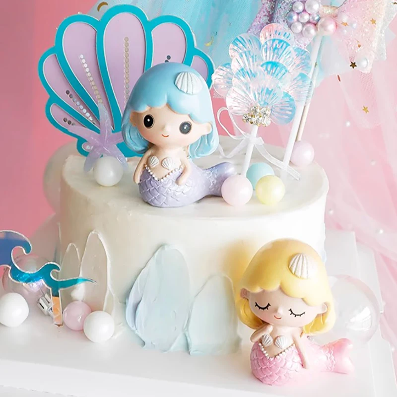 Gyufise 1 topper per torta di buon compleanno a forma di sirena, glitterato, con conchiglie, corallo, coda di sirena, decorazione per torte per feste