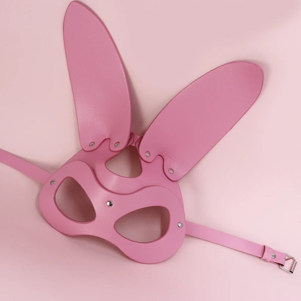 B.CYQZ Sexy Bunny Ears Masks Pink PU Leather Masquerade Cosplay Masks Bondage Harness Woman Accessories Gothic Prop Halloween