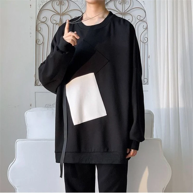 Spring Autumn Patchwork Korean Fashion Casual Sweatshirt Man Long Sleeve All Match Male Pullover Tops Loose Streetwear Clothes