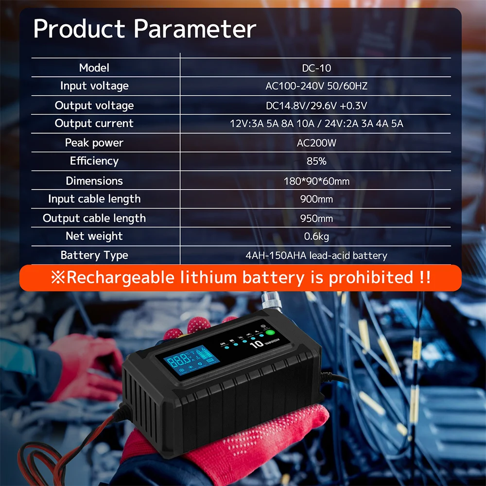 YDBAO Car Battery Charger 10A 12V 24V Battery Charger Fully