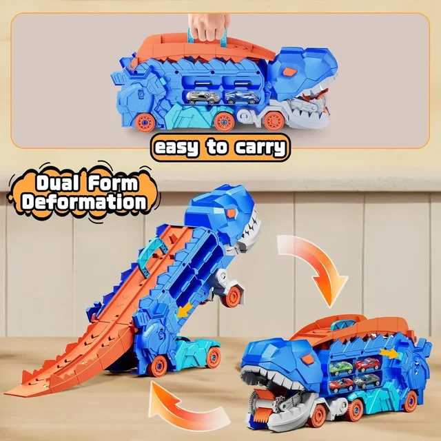 Transport Dinosaur Truck With Portable Foldable Sliding Race Track Transforms Into Standing T-rex With Alloy Die-cast Cars Gifts 4