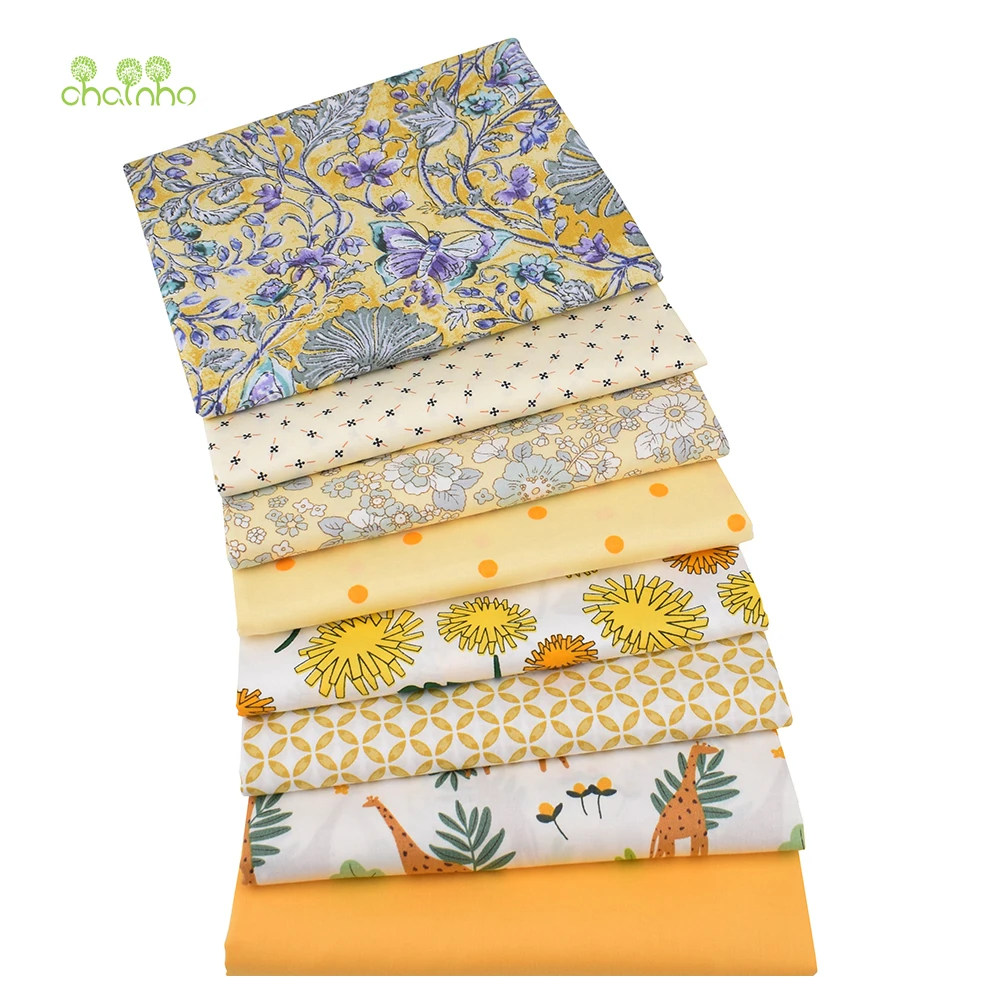 Chainho,Printed Twill Weave Cotton Fabric,Patchwork Cloth,DIY Quilting Sewing Material,Yellow Floral Series,2 Specification,CC62