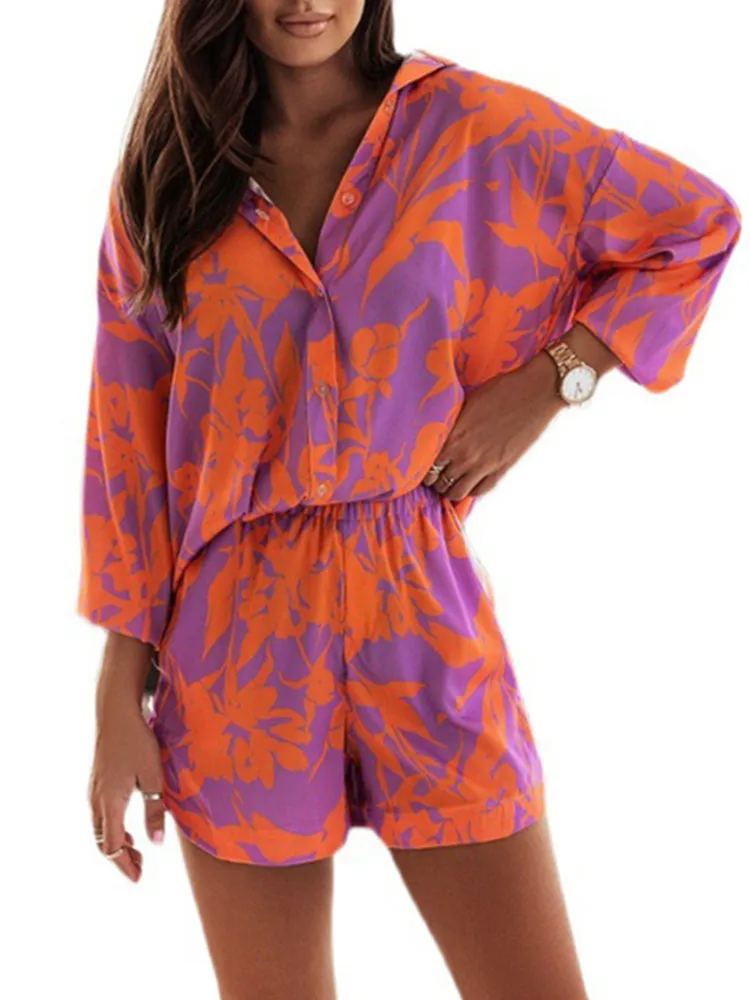 

Print Shorts Suits Women Vintage Long Sleeve Shirt And Short Pants Suit Two Piece Set Female 2022 Outfit Summer Tops Lady Sets