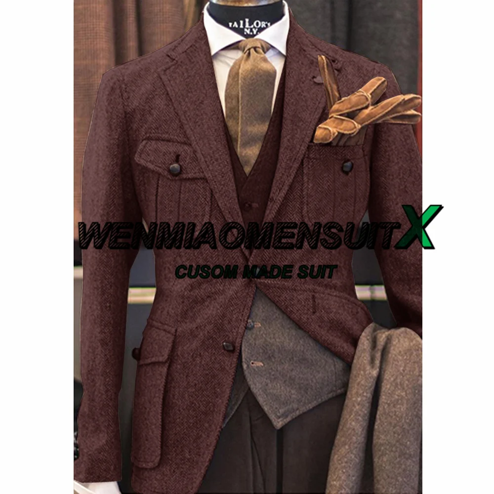 Men Suits Jackets Herringbone Blazer 2 Buttons Winter Warm Fleece Jacket