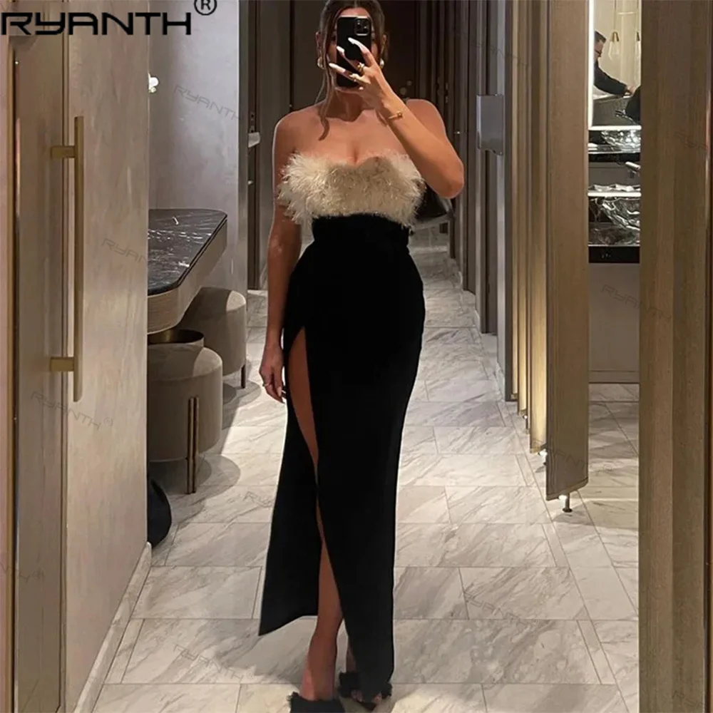 

Sexy Mermaid Strapless Slit Maxi Dress Elegant Fur Patchwork Skinny Slim Long Dresses 2024 Evening Party Clubwear Women Vestido