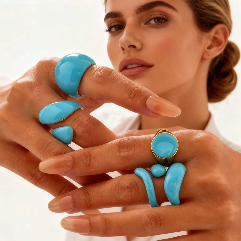 Open and twisted women's stacking rings, bold geometric blue enamel-coated ring, waterproof