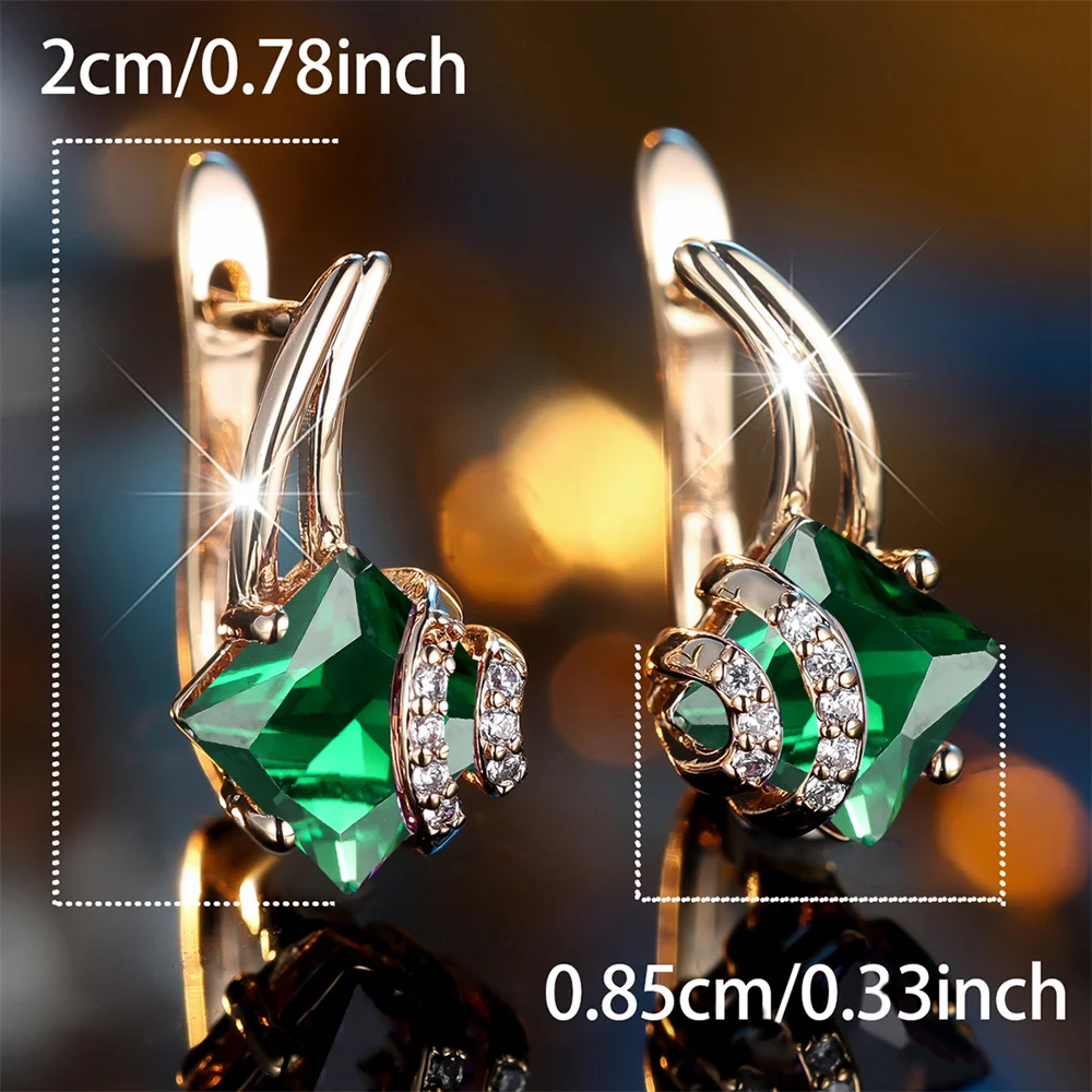 Cute Green Crystal Square Stone Geometric Hoop Earrings For Women Vintage Gold Color Ear Buckle Wedding Jewelry Engagement Gifts
