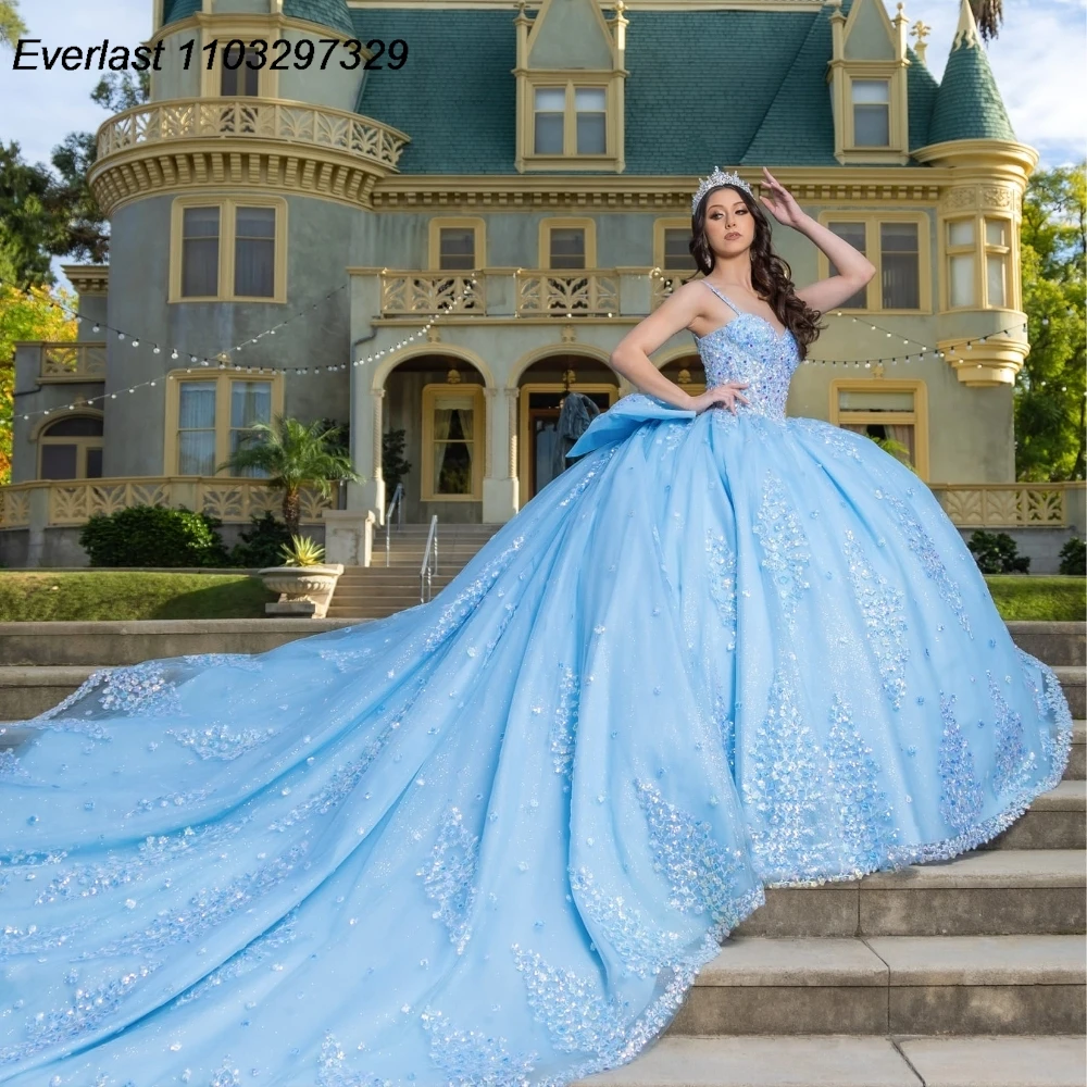 EVLAST Pink Quinceanera Dress Ball Gown Lace Applique Beaded Crystal Bow Sweet 16 Vestido De 15 Anos E1Q04