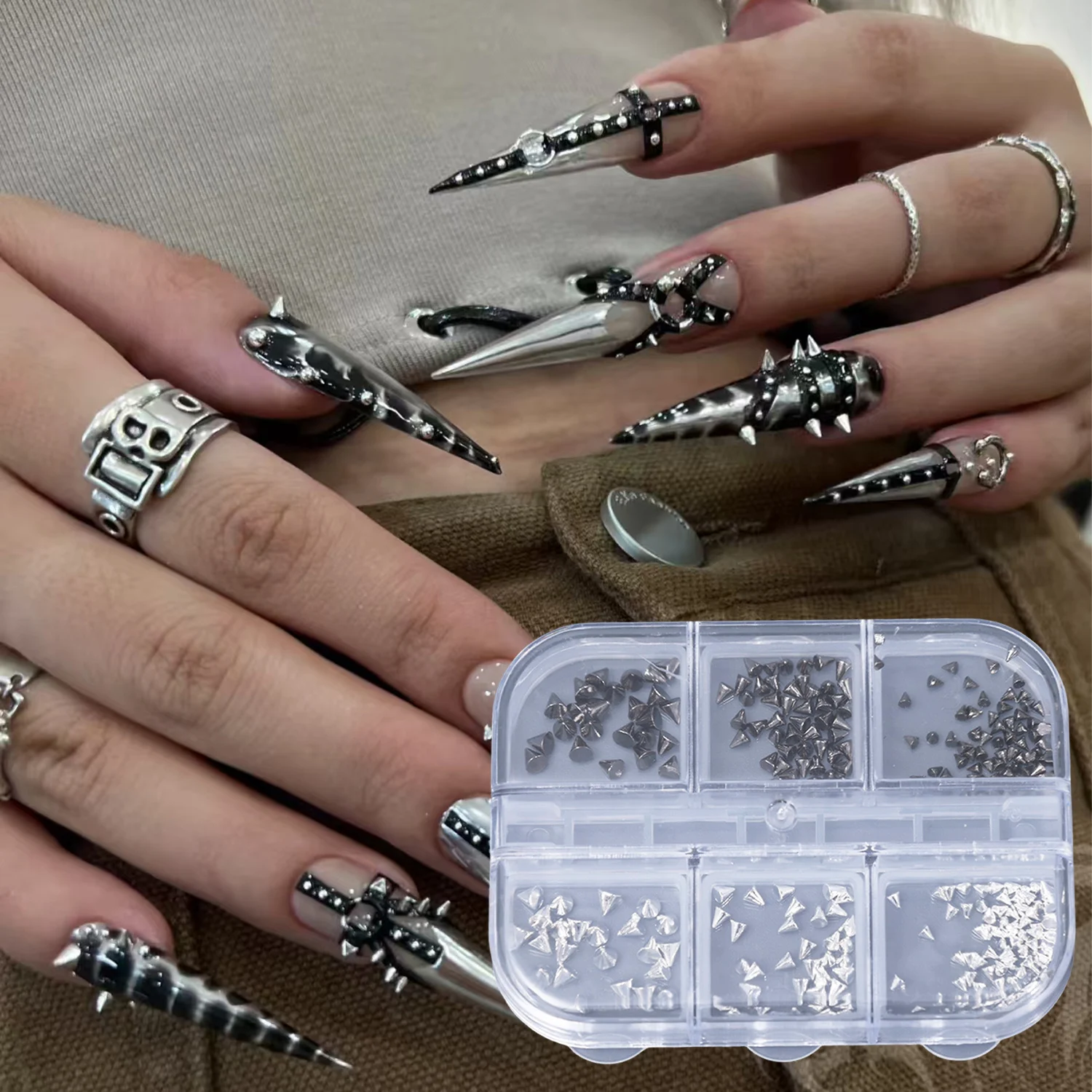 Metallic Black Silver Nail Charm Punk Rivet Decorations