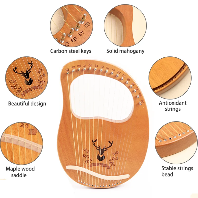 16 Strings Lyre Harp Mahogany Wood Harp Piano Stringed Musical Instrument With Portable Bag Tuning Wrench Spare Strings