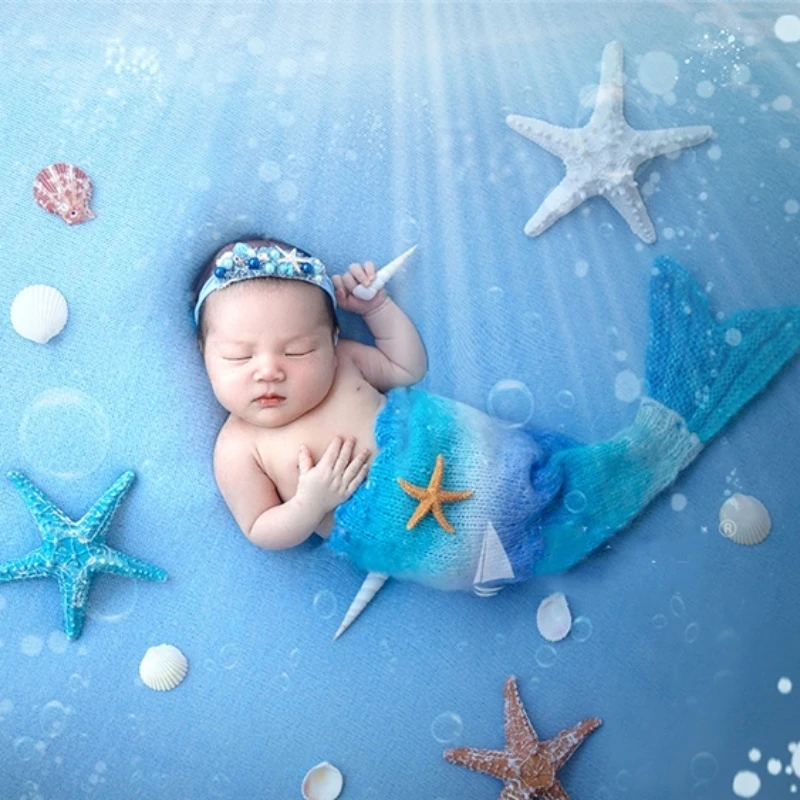 Newborn Baby Photography Props Cute Mermaid Outfits Starfish Decotations Backdrop Theme Set Accessories Studio Shoots Photo Prop cartoon plush hat cute banana head cover photography prop photo prop