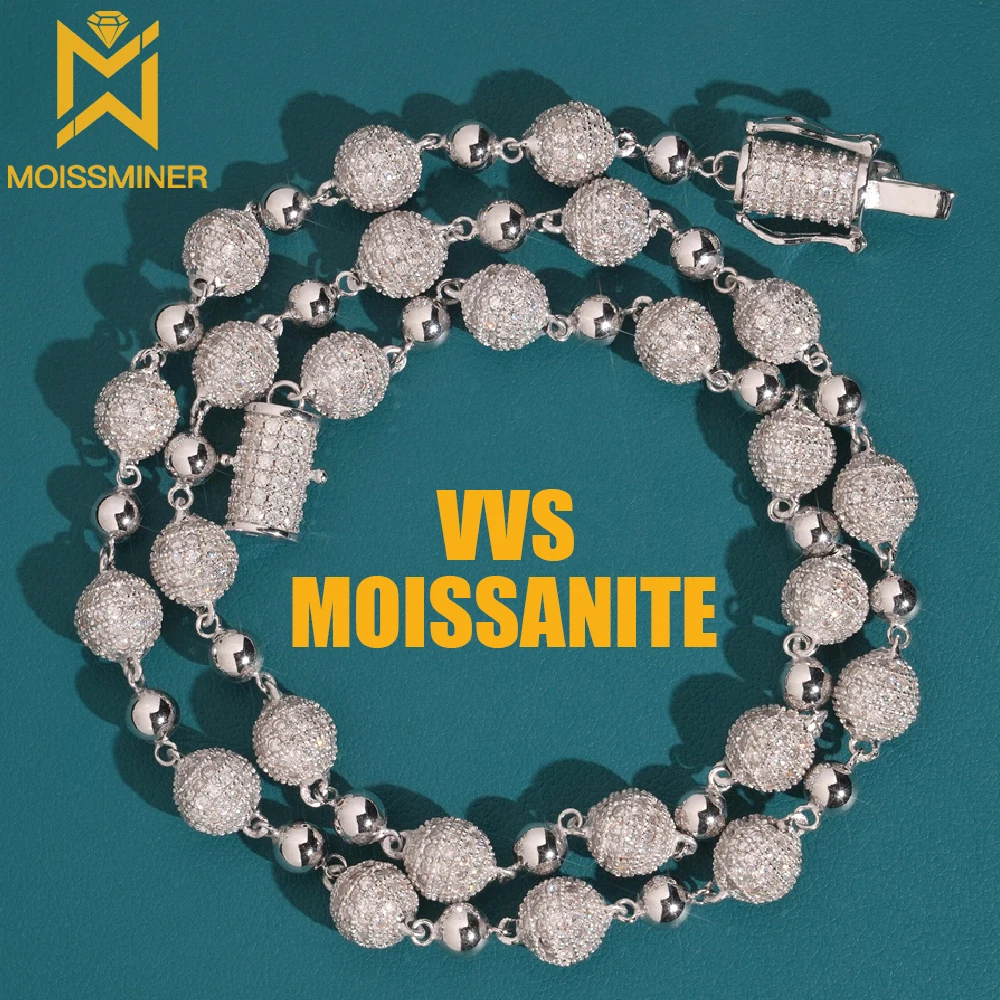 Moissminer 8mm Moissanite Iced Out Ball Chain Necklaces For Men S925 Silver Chain Pass Tester Hip Hop Jewelry GRA Free Shipping