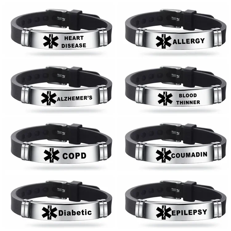 Men's Medical Alert ID Silicone Bracelet ICE Bangles Wristband Adjustable Length For Men Women Child Jewelry Type 1 Diabetes