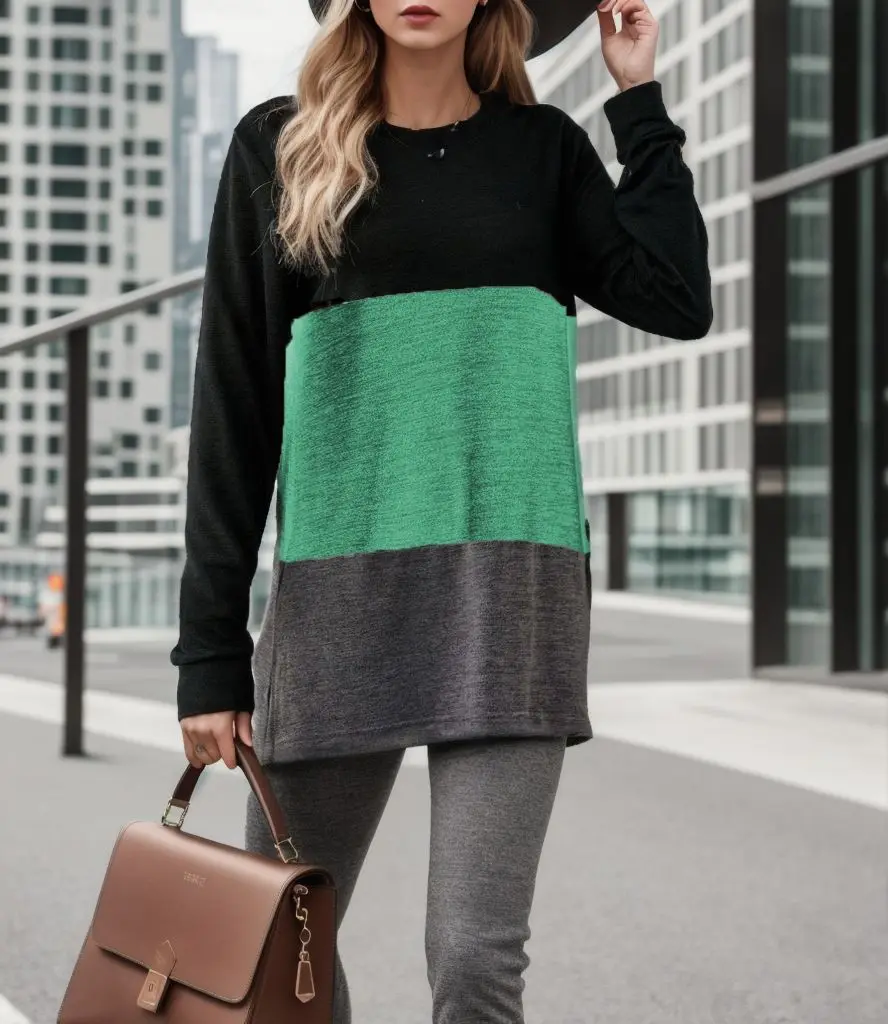 

Autumn and winter new solid color round neck contrast stitching loose long-sleeved T-shirt women
