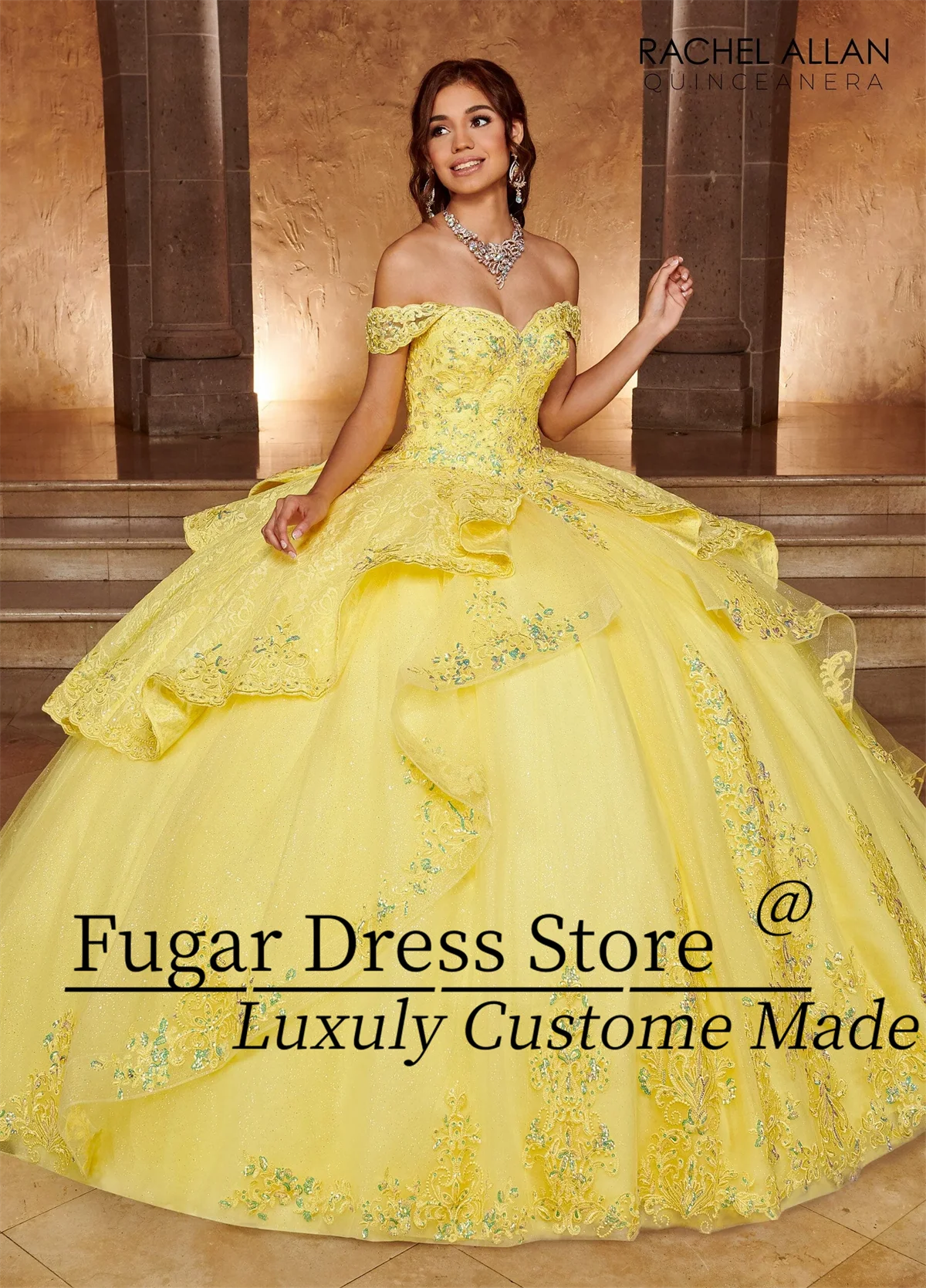 Yellow A-line layering Quinceanera Dresses Fashion Strapless Sequin embroidery beads Detachable bow tie