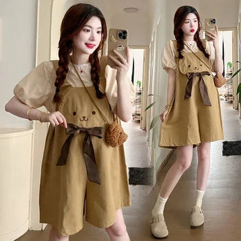 Pregnant Women's Summer Overalls Suit Fashion Korean Version Loose Cartoon Bow Strap Pants Two Piece Set Maternity Clothes Set