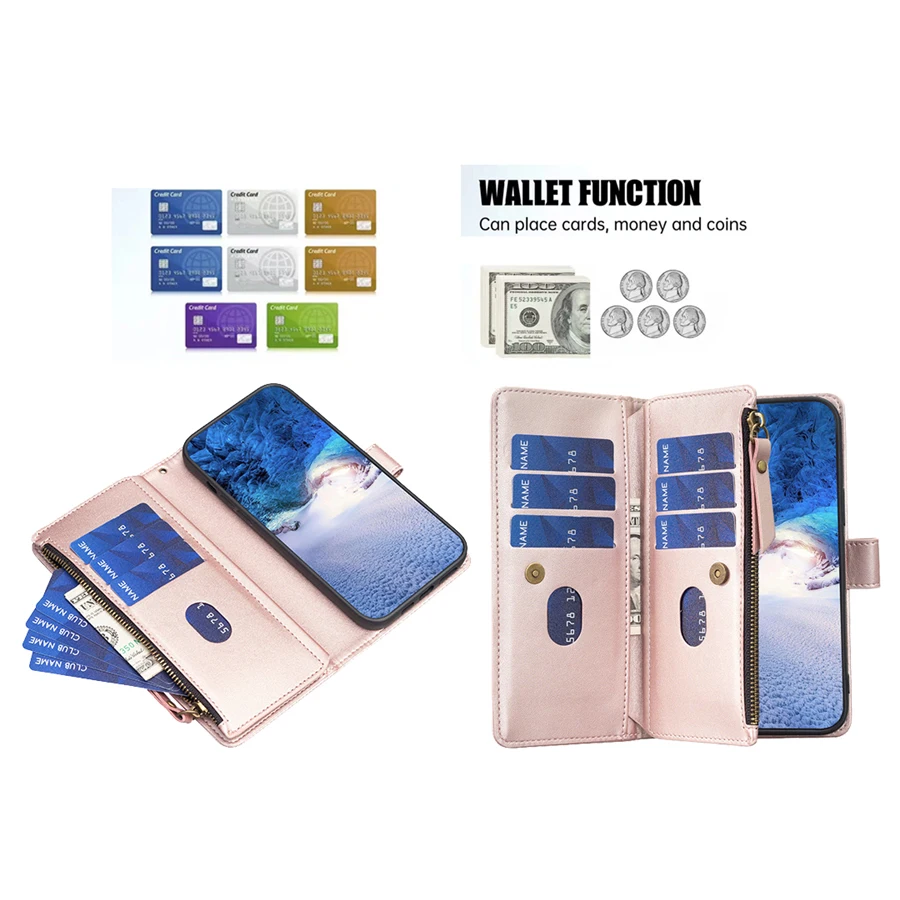 Luxury Wallet Zipper Leather Case For Samsung Galaxy S24 Ultra S23 Plus S22 S21 S20 FE A14 A15 A24 A25 A34 A35 A52 A53 A54 A55