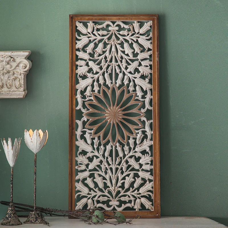 

Sofa background wall decoration, homestay retro wooden carved wall decoration, living room, hotel, old floral decoration