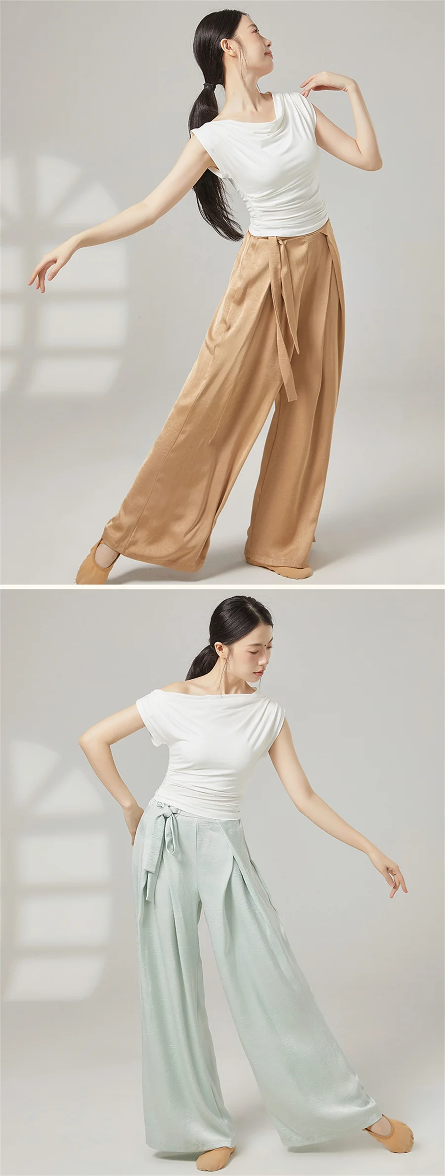 Damen-T-Shirt für modernen Tanz, ärmellos, plissierter Saum, klassisches Training, Tanzkleidung, schulterfreies Oberteil, Bluse für Erwachsene, Tanzbekleidung – Detail 7