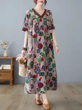 Anteef فساتين قصيرة الأكمام المعتاد القطن الكتان خمر الأزهار للنساء فستان فضفاض طويل الصيف ملابس أنيقة 2023 6