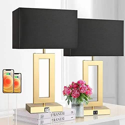 

Black&Gold Lamps for Bedrooms Set of 2, Touch Control Table Lamps with USB Ports, 3-Way Dimmable Bedside Nightstand Lamps, M Pap