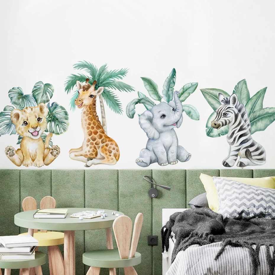 Stickers Muraux Animaux de la Jungle Autocollants Muraux Animal de Dessin  Animé Sticker Mural Girafe Zèbre Feuilles Vertes pour Chambre de Bébé  Pépinière D'enfant Décoration Murale