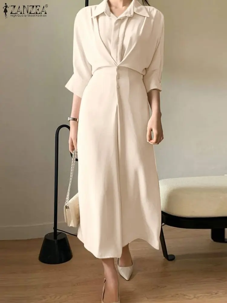 

ZANZEA Casual Waisted Midi Dresses Women Long Shirt Dress Elegant 3/4 Sleeve Office Robe 2023 Autumn Turn Down Collar Vestidos