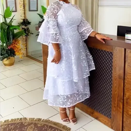 

2024 African Party Evening Dresses for Women Summer Elegant White Mesh High Waist 3/4 Sleeve Midi Dress Dashiki Africa Clothing