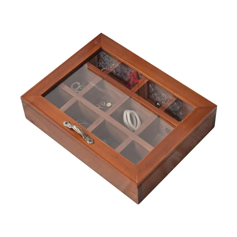 12 grid retro solid wood jewelry box storage box wooden jewelry display box  with glass cover wooden box organizer sale 26*19*6cm - AliExpress