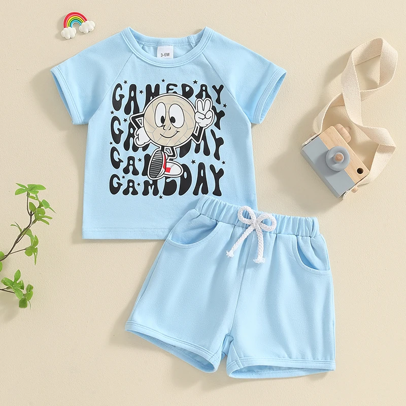 

2024-02-19 Lioraitiin Toddler Baby Boy Football Outfits Set Game Day Print Short Sleeve T-Shirt Elastic Shorts Summer Clothes