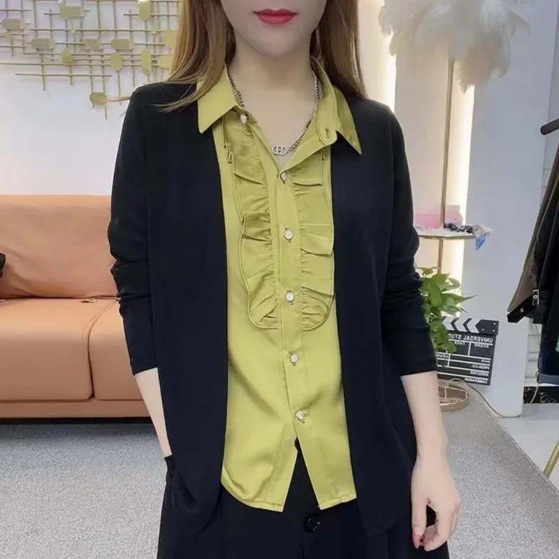 Fashion Lapel Ruffles Folds Fake Two Piece Shirt Women's Clothing 2023 Autumn Winter New Oversized Casual Tops Commuter Blouse