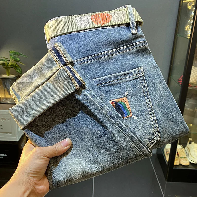 2024Summer new men's cropped jeans affordable luxury fashion embroidered casual all-matching slim fit skinny stretch pants
