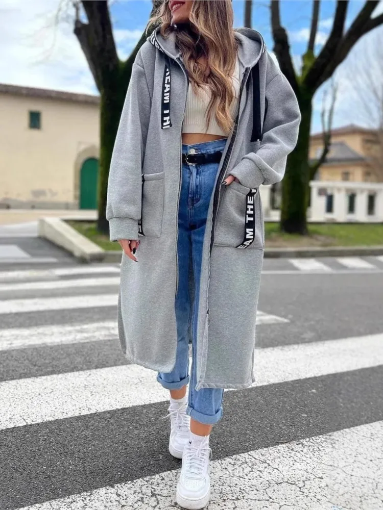 Casual Sweatshirt Coat Women Hooded Loose Long Coats Splice Casual Zipper Coats Lady Pocket Outwear Solid Jacket Autumn Winter
