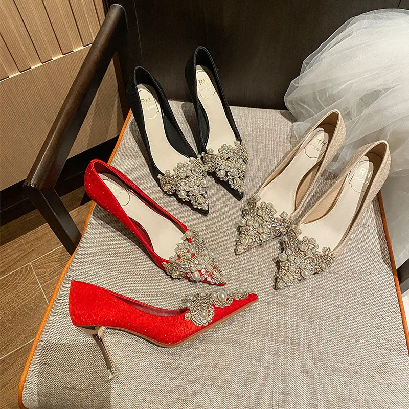 

Spring and summer new pointed toe silk rhinestone sandals banquet dress all-match stiletto large size work women's single shoes