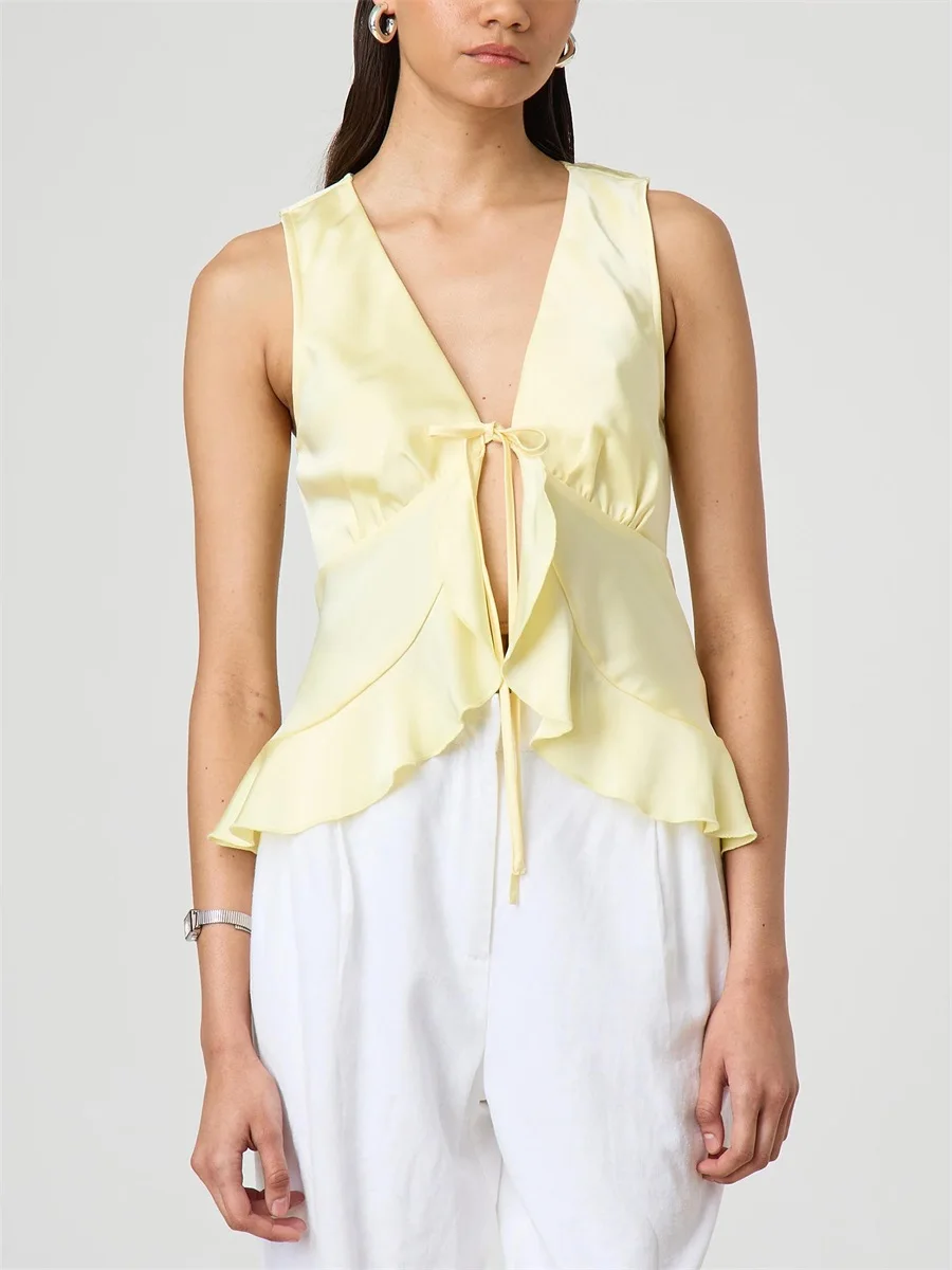 Sleeveless Ruffled Tie-up Vest Chic Solid Outwear for Women Fashionable Gilet for Casual Street Style in Summer