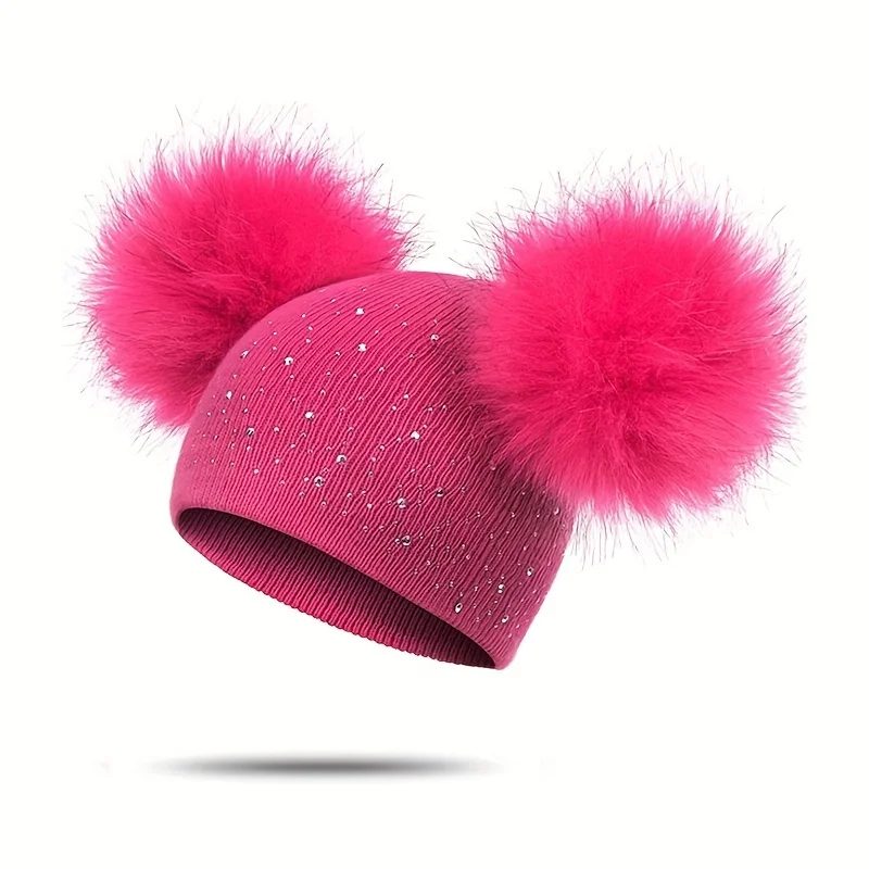 Double Haired Ball Children's Hat, Cute Girls' Diamond Inlaid Pullover Hat, Knitted Winter Hat