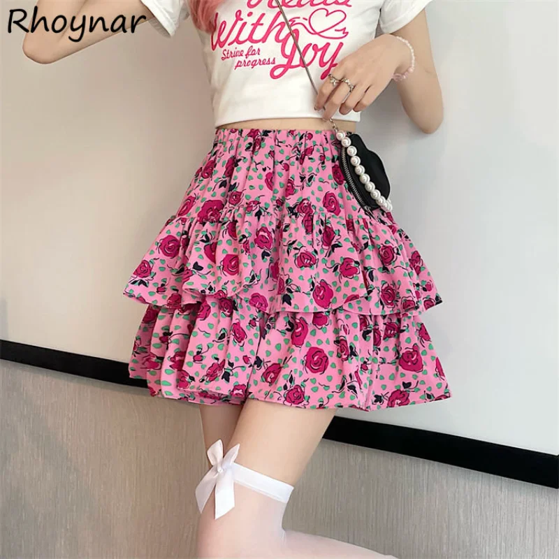 

Pink Print Mini Skirts Women Baggy Summer High Waisted Sweet Harajuku Teens Personal Kawaii Clothes Vintage Юбка Женская Korean