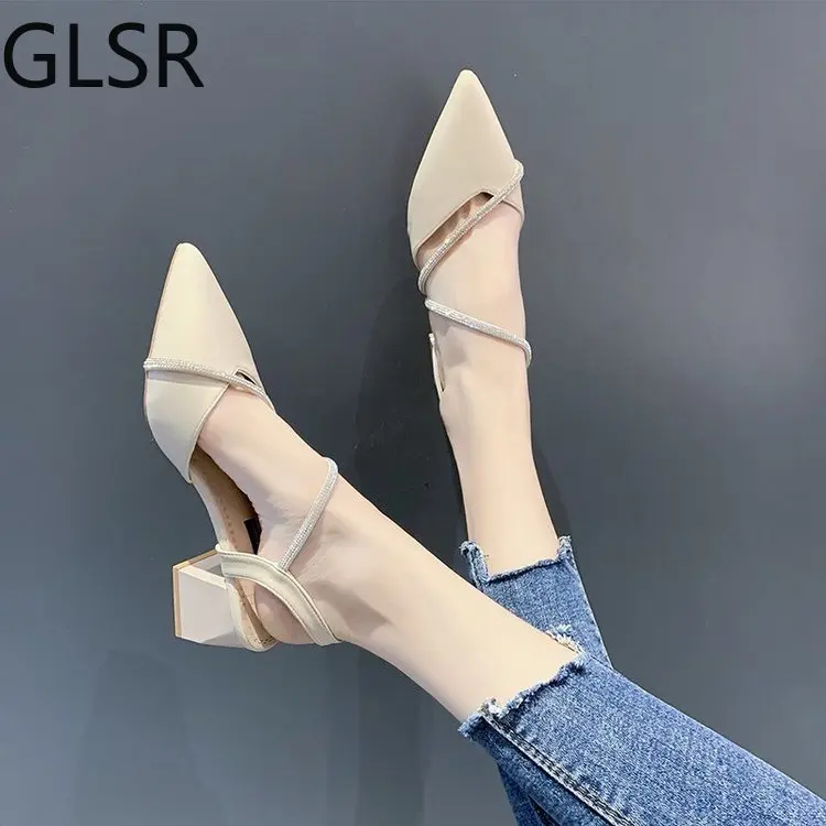 Women High Heels Platform Sandals Summer Shallow Mouth Strappy Pointed Closed All-Match Sandals