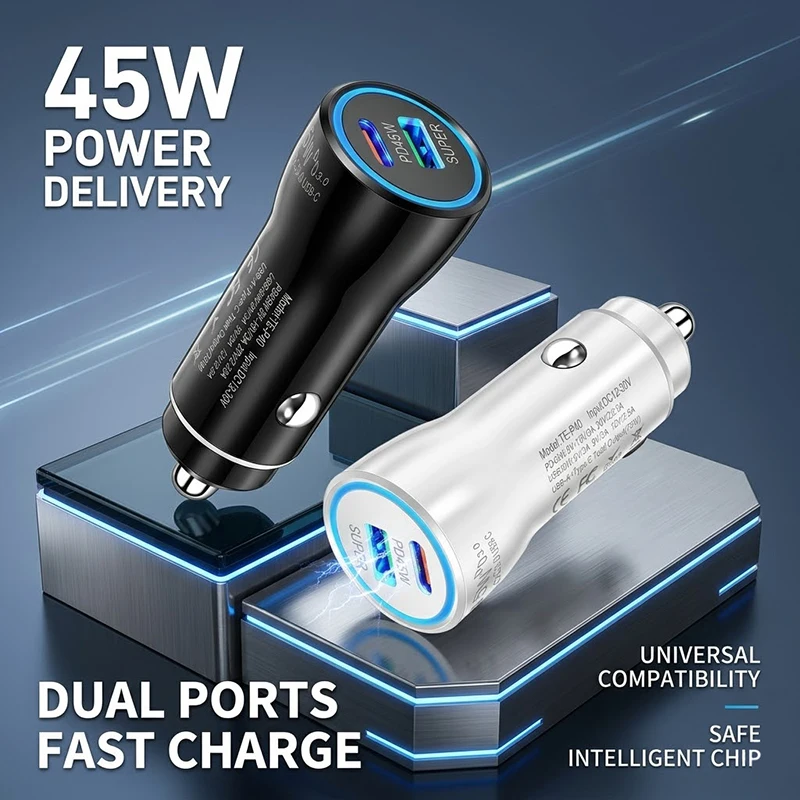 고속 차량용 충전기 PD 45W QC 3.0 듀얼 포트 USB C & A 시거잭 어..