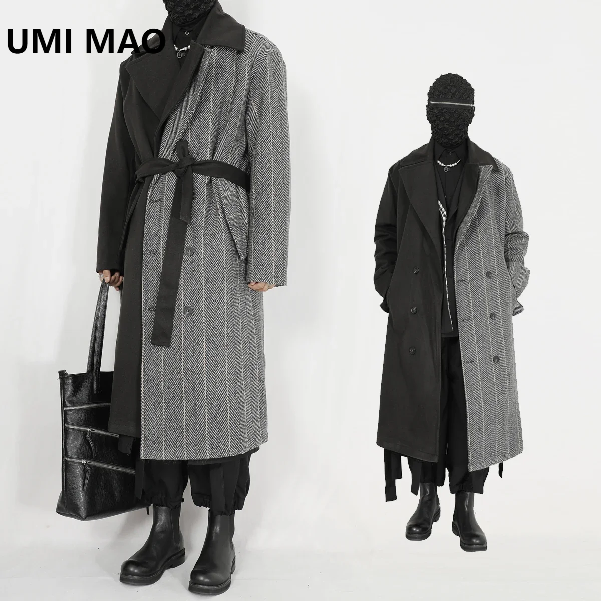 

UMI MAO Original Men's Knee Length Trench Coat With Dark Black Tie Up Loose Fitting Men's Lapel Double Breasted Woolen Coat