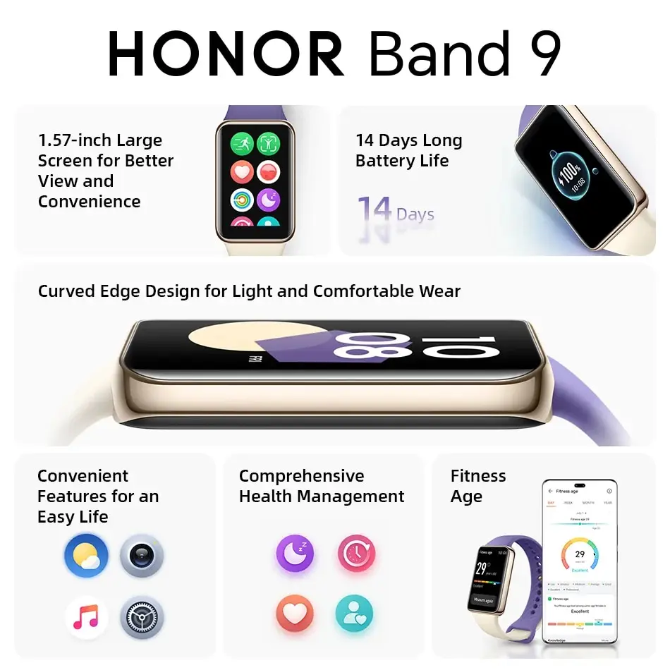 Умный Браслет глобальная версия Honor Band 9 с дисплеем AMOLED диагональю 1,57 дюйма и Пульсометром