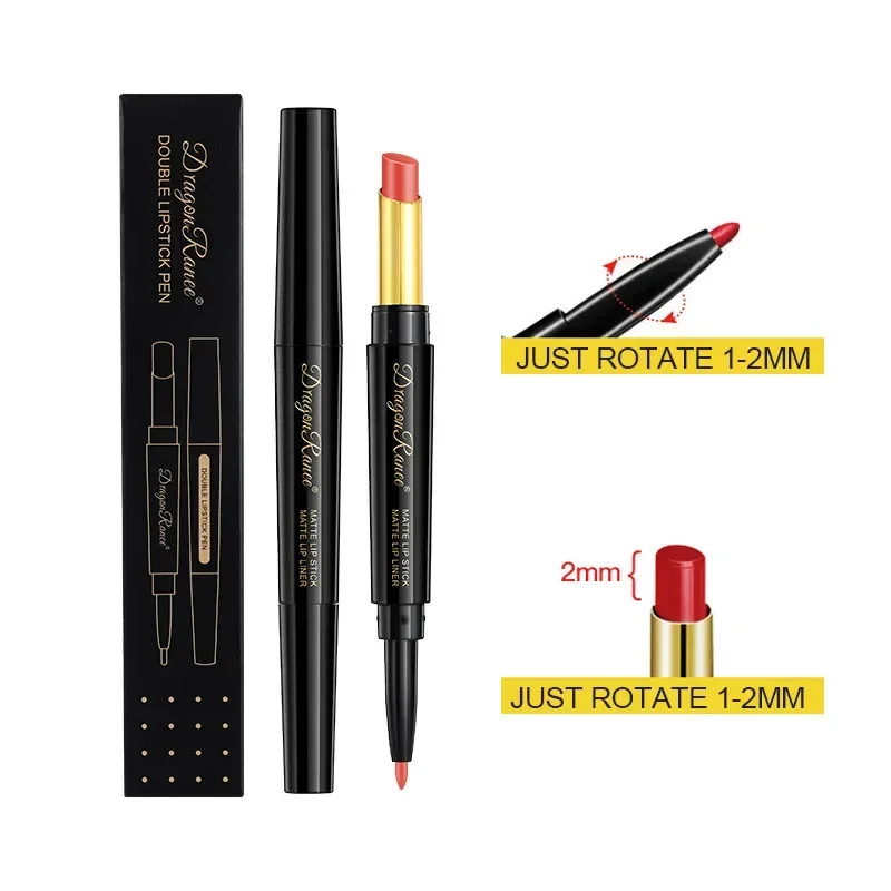 Batom Matte 2 em 1 em Lápis com Ponta Dupla, Delineador Labial em Pasta, Longa Duração, À Prova D'Água, Ideal para Maquiagem Feminina_voghion.com