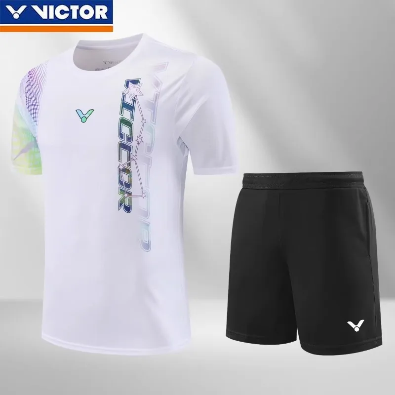 Victor New Men's and Women's Same Badminton Jersey Sports Short-sleeved Top with Shorts Set