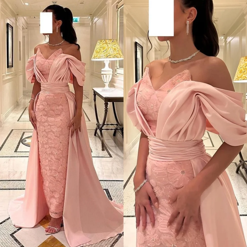 

Elegant Off-the-shoulder Sheath Sweep/Brush Prom Dresses Beading Applique Satin Formal Occasion Gown فستان سهرة نسائي اعراسrobes