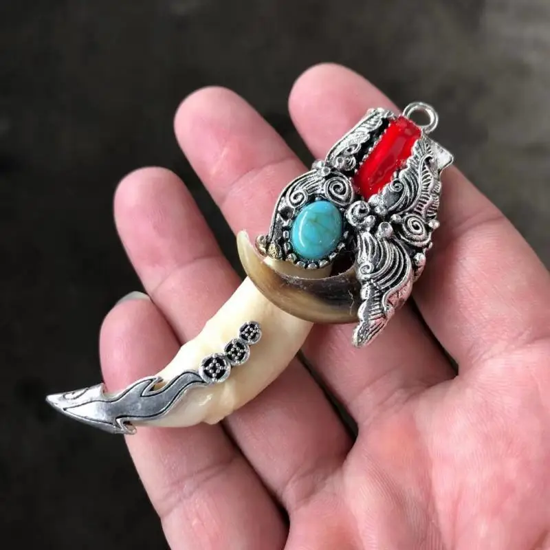 Cina Cloisonne Argento Tibetano Cinghiale Tusks Denti Ciondolo Amuleto Tassidermia