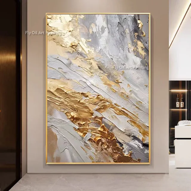 100% Handmade Canvas Gold Foil Thick Oil Painting Modern Grey Texture Home Wall Picture For Living Room Abstract Modern Wall Art 1